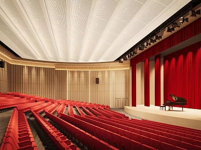 Elegant Conference Room With Red Seats Stage Red Curtains Piano And Ceiling Lighting 3d model