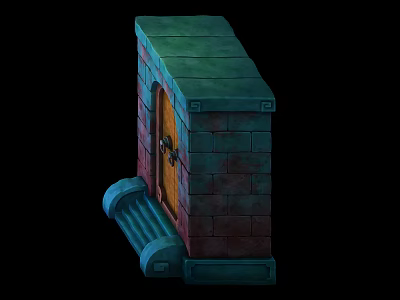 Castle Like Brick Tower With Wooden Door Green Red Bricks And Blue Base Decorations 3d model