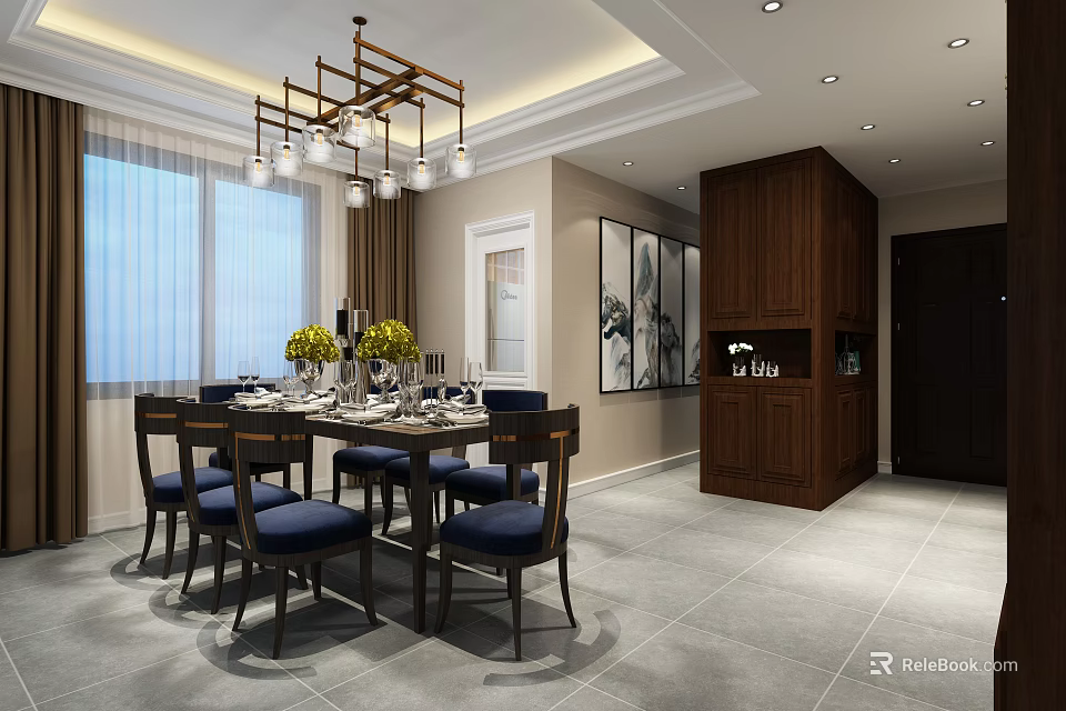Elegant Restaurant Interior With Brass Chandelier Dining Table Blue Chairs And Wooden Cabinet 3d model 
