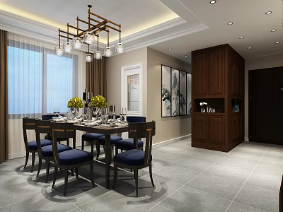 Elegant Restaurant Interior With Brass Chandelier Dining Table Blue Chairs And Wooden Cabinet 3d model