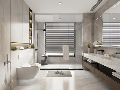 Modern Bathroom Interior Design With Shower Area Wall Mounted Toilet And Double Vanity Mirror 3d model