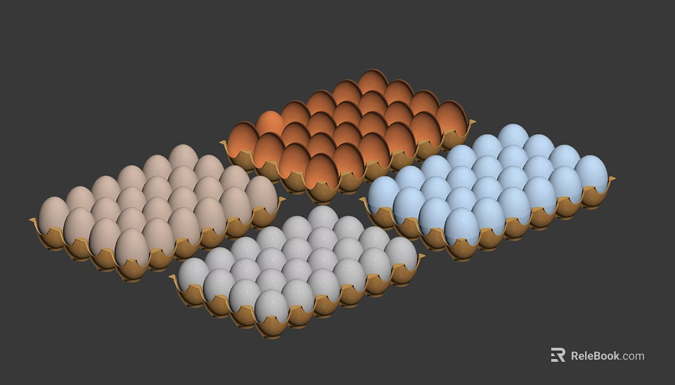 Colorful Fresh Eggs Arranged in Trays with White Brown and Blue Shells 3d model 