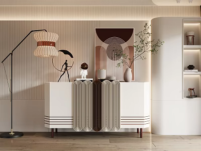Modern Entryway Console Table And Side Cabinet With Floor Lamp Vase Plants And Wall Art 3d model
