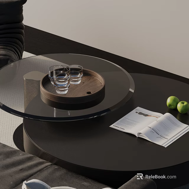Modern Sofa and Coffee Table Set with Glass Top Tray Water Glasses Apples and Magazine 3d model 
