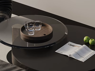 Modern Sofa and Coffee Table Set with Glass Top Tray Water Glasses Apples and Magazine 3d model