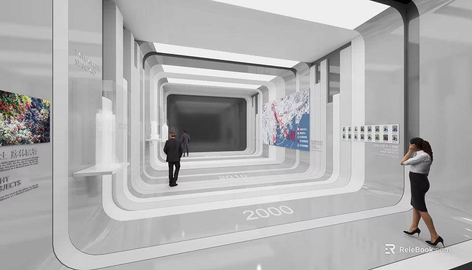 Modern Exhibition Space With White Curved Structures Floor Marked 2000 And People Walking Inside 3d model 