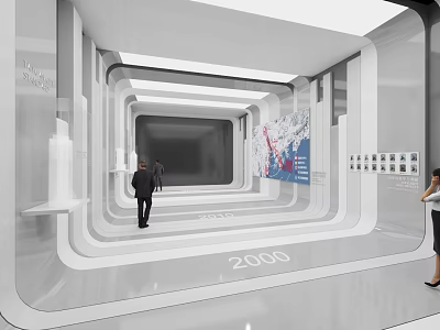 Modern Exhibition Space With White Curved Structures Floor Marked 2000 And People Walking Inside 3d model