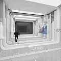 Modern Exhibition Space With White Curved Structures Floor Marked 2000 And People Walking Inside