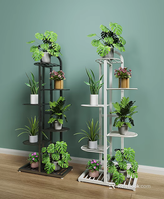 Multi Tiered Black White Garden Decor Plant Stands With Green Potted Plants 3d model 