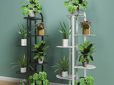 Multi Tiered Black White Garden Decor Plant Stands With Green Potted Plants 3d model
