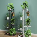 Multi Tiered Black White Garden Decor Plant Stands With Green Potted Plants