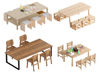 Wooden Kids Study Tables And Chairs Sets With Various Designs And Stools For Playroom 3d model