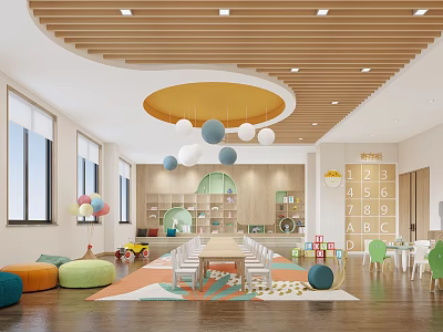 Kindergarten Interior Design With Colorful Rug Kids Seats Toys Windows And Wooden Ceiling 3d model