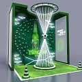 Green Soccer Ball Display With TSINGTAO Branding And Illuminated Lighting Setup