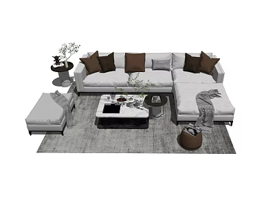 Modern Living Room Sofa Coffee Table Set with Plush Pillows Ottoman and Decorative Rug 3d model