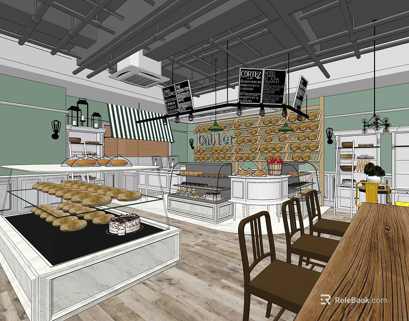 Cozy Bakery Shop Interior With Display Cases Fresh Bread And Seating Area 3d model