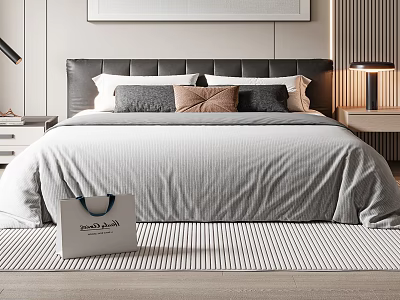 Modern Double Bed With Gray Bedding Dark Headboard Nightstand Lamp And Striped Rug 3d model