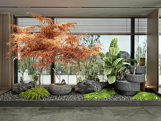 New Chinese style interior landscape landscaping courtyard sketch flowing water bowl stone dry landscape red maple plant landscape 3d model