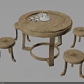 Rustic Wooden Round Table Set With Matching Stools Teapot And Cups On Top