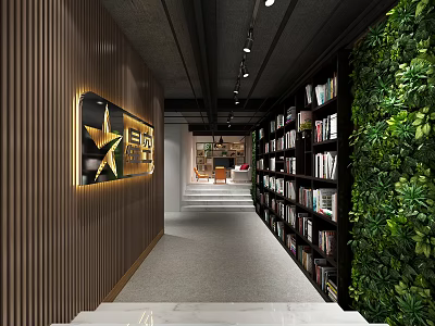 Modern Elevator Hallway With Wooden Walls Bookshelves Green Plant Wall And Illuminated Sign 3d model