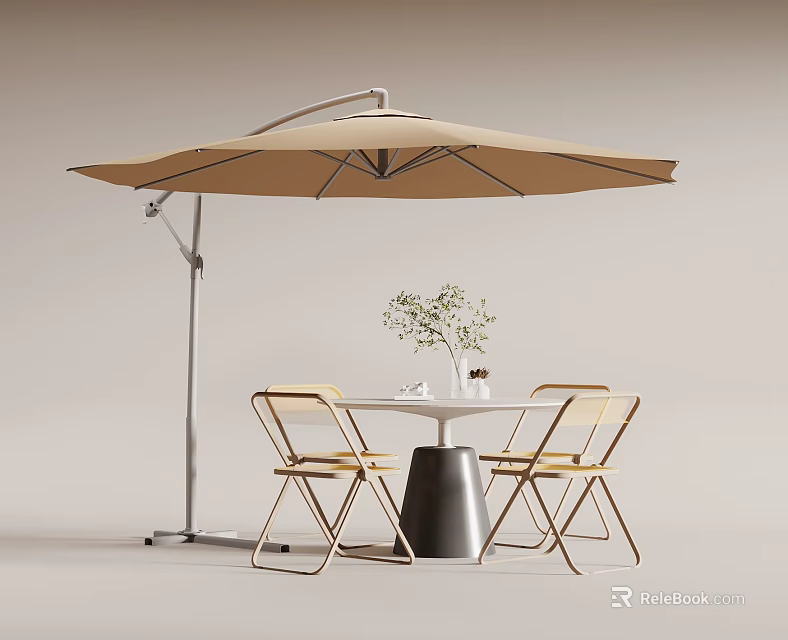 Modern Outdoor Table with Umbrella and Chairs Featuring Small Plant on Top 3d model 