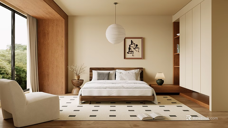 Bedroom Interior Design Featuring Wooden Headboard Beige Walls White Bedding Geometric Rug And Pendant Lamp 3d model 