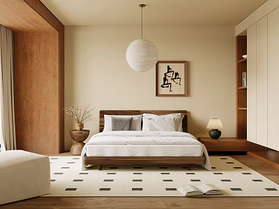 Bedroom Interior Design Featuring Wooden Headboard Beige Walls White Bedding Geometric Rug And Pendant Lamp 3d model