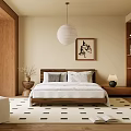 Bedroom Interior Design Featuring Wooden Headboard Beige Walls White Bedding Geometric Rug And Pendant Lamp