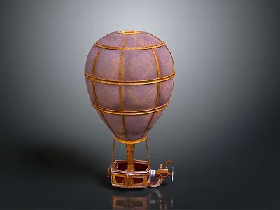 Decorative Purple Hot Air Balloon Model With Golden Stripes And Basket 3d model