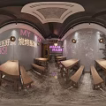 Casual Chinese Barbecue Restaurant With Wooden Tables Brick Walls And Dining Atmosphere