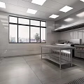 Commercial Kitchen Interior Featuring Stainless Steel Worktables Exhaust Hood And Tile Walls