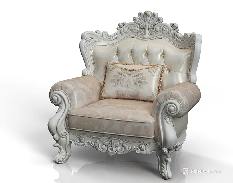 Elegant Classical Single Sofa Upholstered With Ornate Carved Details And Embroidered Decorative Pillow 3d model 