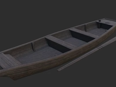 Traditional Wooden Rowing Boat With Seats And Oar On Dark Background 3d model
