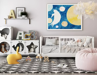 Cozy Kids Room Interior With White Crib Animal Storage And Moon Cat Painting 3d model