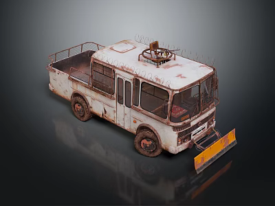 Rusty Old Utility Truck With Circular Roof Structure And Front Yellow Black Plow Blade 3d model