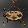 Unique Vintage Copper And Wooden Chandelier With Decorative Flame Shaped Elements