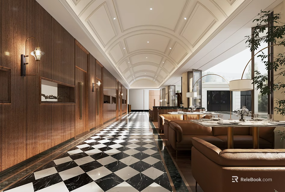 Elegant Restaurant Interior With Arched Ceiling Wooden Walls Checkered Floor And Leather Sofas 3d model 
