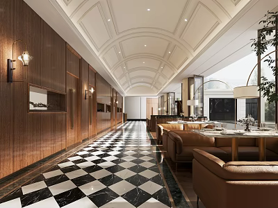 Elegant Restaurant Interior With Arched Ceiling Wooden Walls Checkered Floor And Leather Sofas 3d model