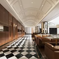 Elegant Restaurant Interior With Arched Ceiling Wooden Walls Checkered Floor And Leather Sofas