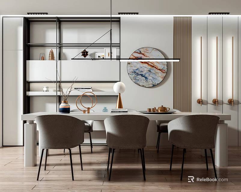 Modern Dining Table Set With Four Gray Chairs Circular Wall Art And Pendant Light 3d model
