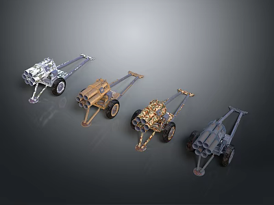 Various Colored Military Towed Artillery Weapons With Wheels And Metal Barrels 3d model