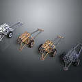 Various Colored Military Towed Artillery Weapons With Wheels And Metal Barrels