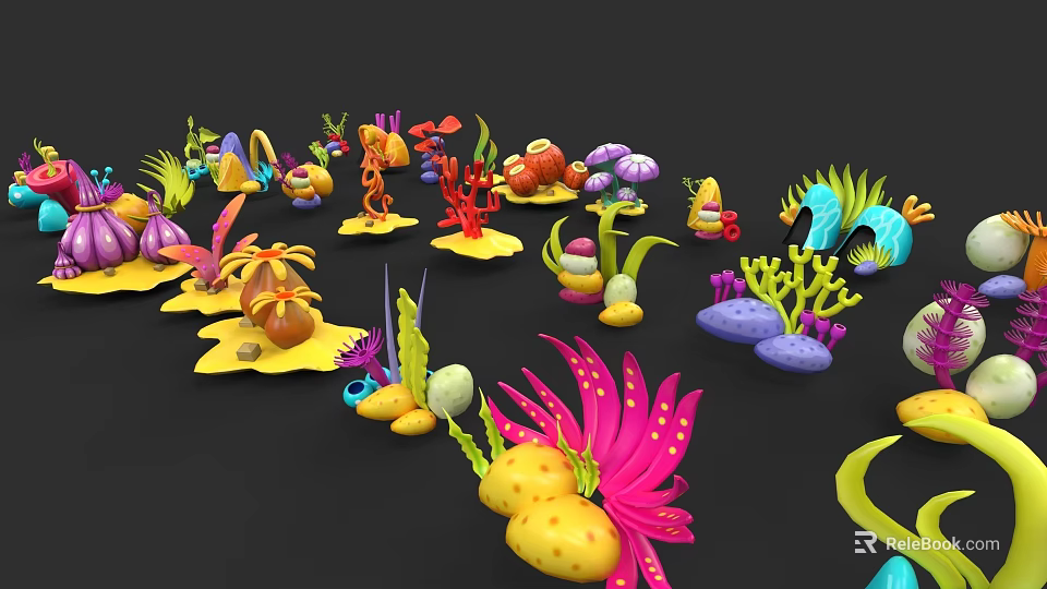 Vibrant 3D Flower And Grass Models In Cartoon Style With Mushrooms And Stones 3d model 