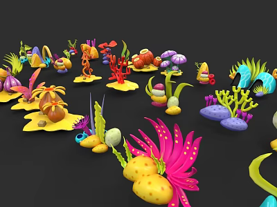 Vibrant 3D Flower And Grass Models In Cartoon Style With Mushrooms And Stones 3d model