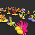 Vibrant 3D Flower And Grass Models In Cartoon Style With Mushrooms And Stones