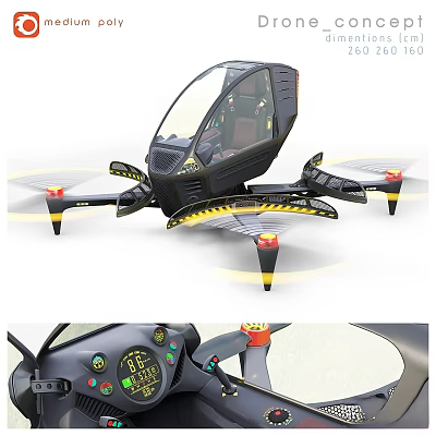 Futuristic Flying Vehicle With Enclosed Cockpit Multirotor Blades And Yellow Warning Stripes 3d model