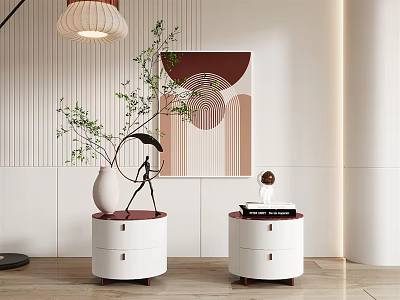 Modern White Bedside Tables With Red Tops Vase Plant Book And Abstract Painting Decor 3d model