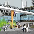 Urban Modern Commercial Street With Contemporary Architecture Greenery And Covered Circular Walkway Plaza