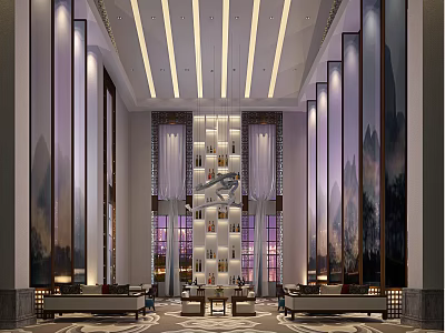 Luxurious Hotel Lobby Interior With High Ceiling Chandelier And Sofa Seating 3d model