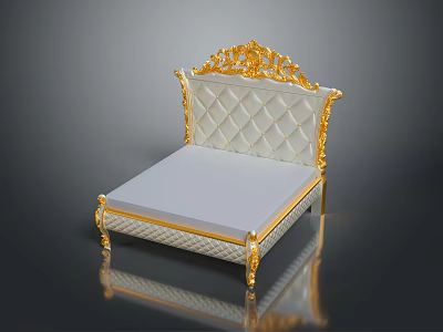 Luxurious European Style Bed With Gold Carvings And White Upholstered Headboard 3d model